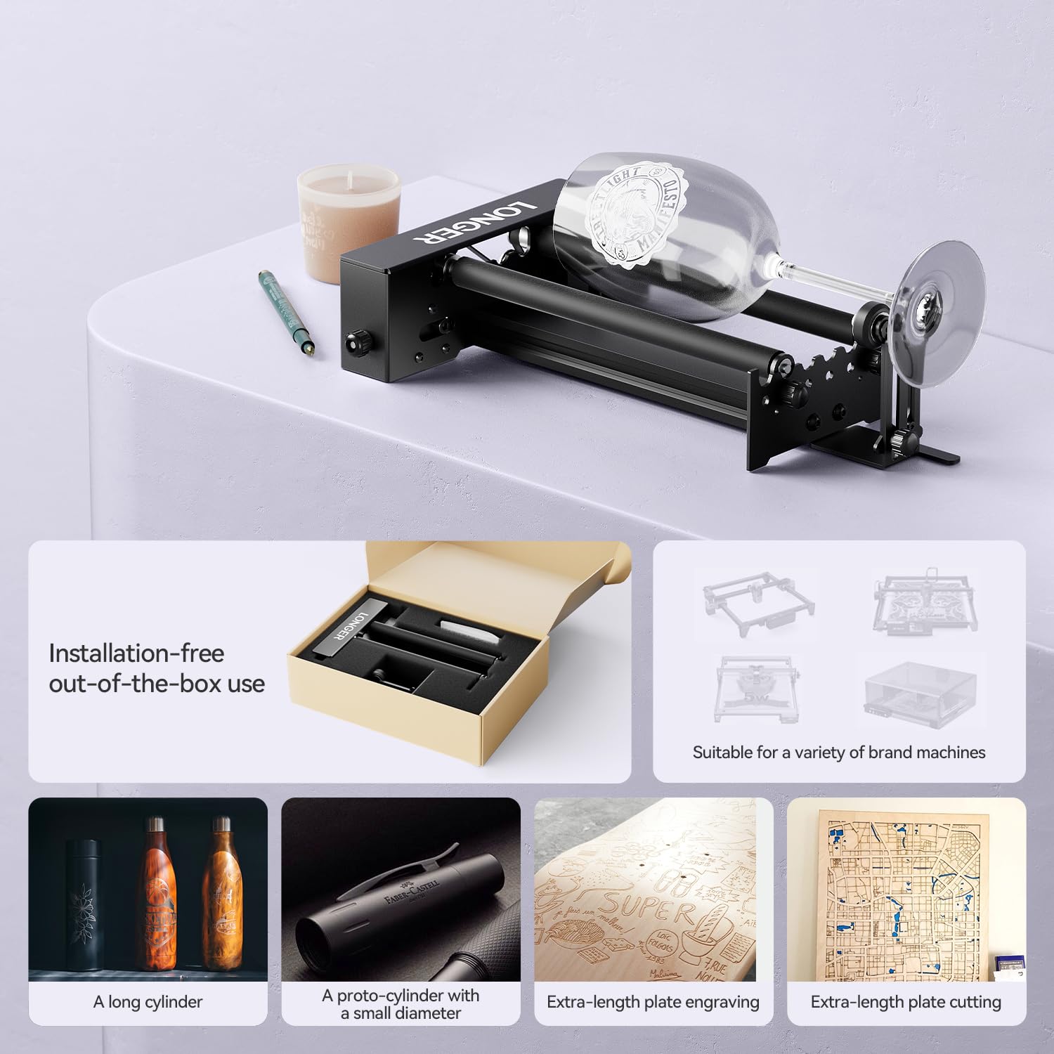 Longer Laser Engraver Rotary Roller with Bracket, Y-Axis Rotary Roller 360° Rotation for Laser Engraver Engraving Cylindrical Objects Tumblers Cans Cups Bottles, Compatible with 99% of Laser Engraver