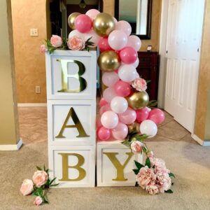 Baby Shower Decoration 11.8inch Balloon Box, DIY 4pcs White Baby Boxes with 30 Letters, Centerpieces Party Favors for Baby Girl Boy Birthday Gender Reveal Backdrop (White Box With Golden Letters)