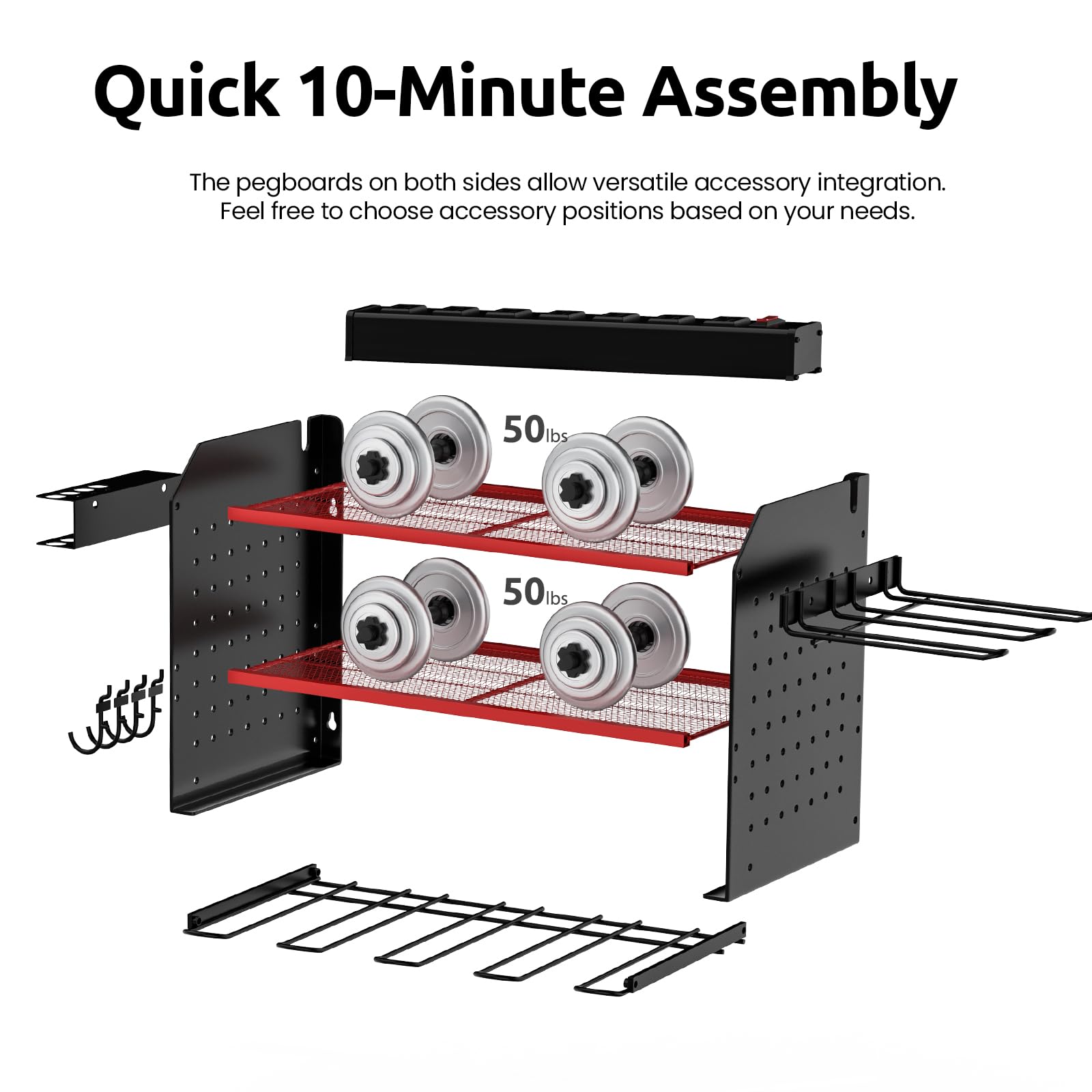 FUZVOL Power Tool Organizer Wall Mount With Power Strip 8-outlet Surge Protector, Heavy Duty Garage Storage Shelves Rack With Drill Bit Holder, Cordless Power Tool Holder With Charging Station，Red