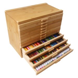 Vencer 12-Drawer Bamboo Artist Supply Storage Box - Effortlessly Organize and Store Pencils,Pens,Pastels,Markers,Brushes,and Tools with Adjustable Compartments and Generous Capacity,VAO-020