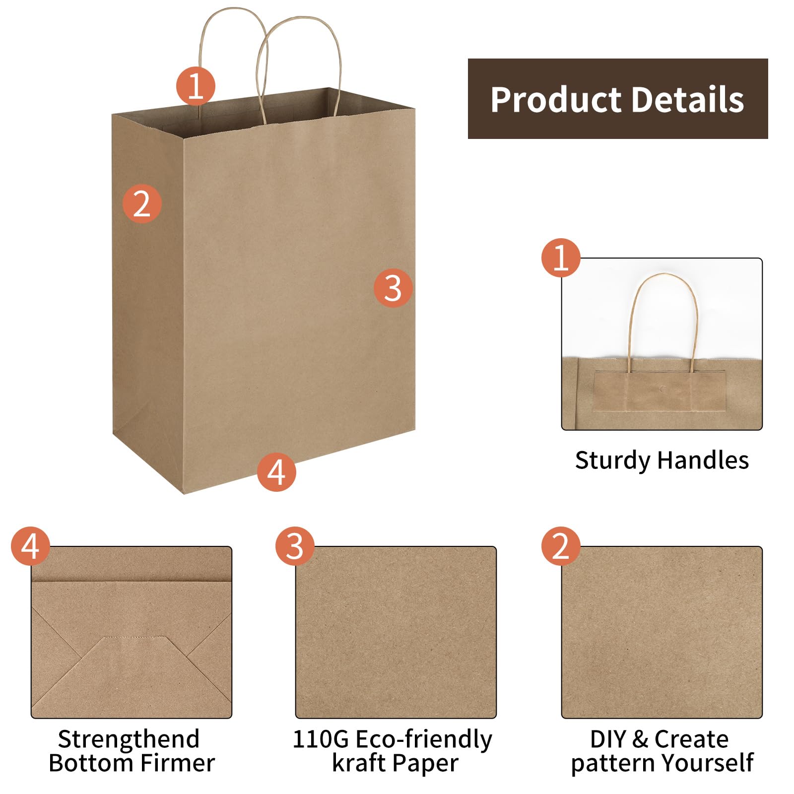 Oikss 100 Pack 10x5x13 Plain Natural Brown Kraft Paper Bags with Handles Bulk for Birthday Party Favors Grocery Retail Shopping Business Goody Recycled Craft Gift Bags (Large Size, 100 Count)