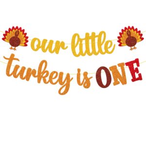 our little turkey is one banner thanksgiving 1st birthday decoration first fall bday decor thankful 1st birthday baby shower garland pumpkin maple leaves theme event celebration supplies