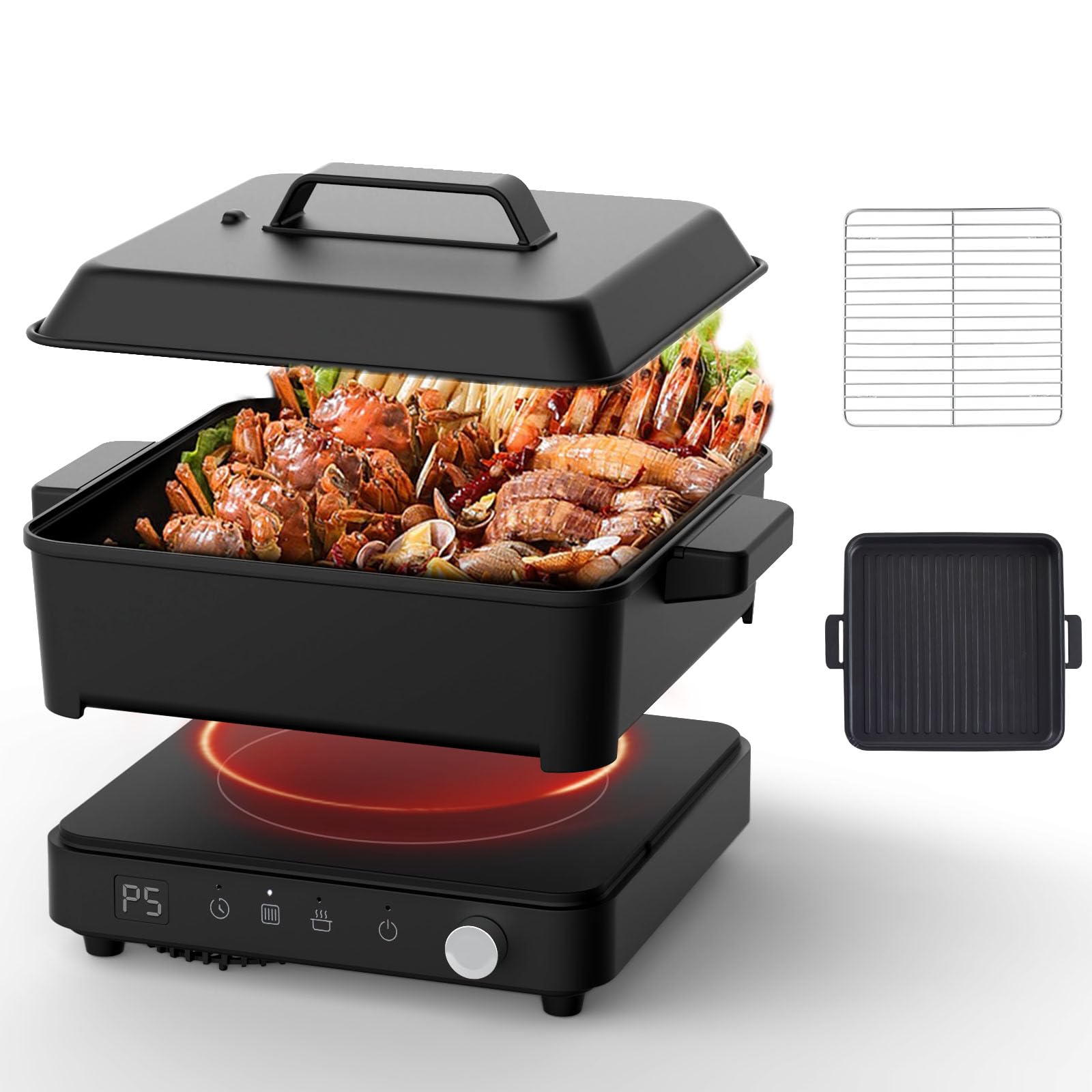 Olayks Portable Induction Cooktop with Removable Iron Cast Griddle Pan & Pot Non-stick, 1500W induction hot plate with Digital Temperature Control & Time, Great for Family Party