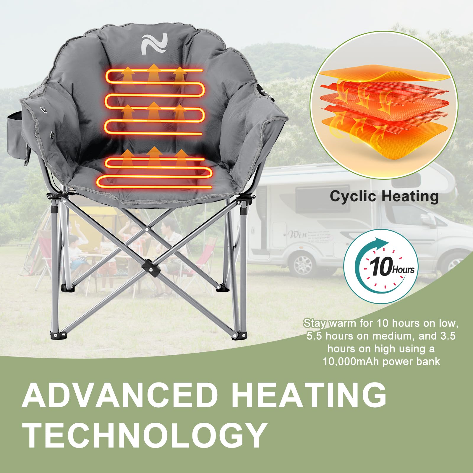 Slsy Oversized Heated Camping Chair Heats Back and Seat, Heated Portable Camp Chair with 3 Heat Levels, Heavy Duty Heated Moon Chair for Lawn, Outdoor, Picnic, Lounge Patio