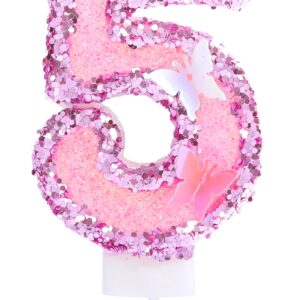 Kinsynko 5 Birthday Candle 5 Years Old Girl Pink Sequins Number 5 Candle with 3D Cute Butterfly for Princess Kids 5th Birthday Butterfly Theme Party Decorations…