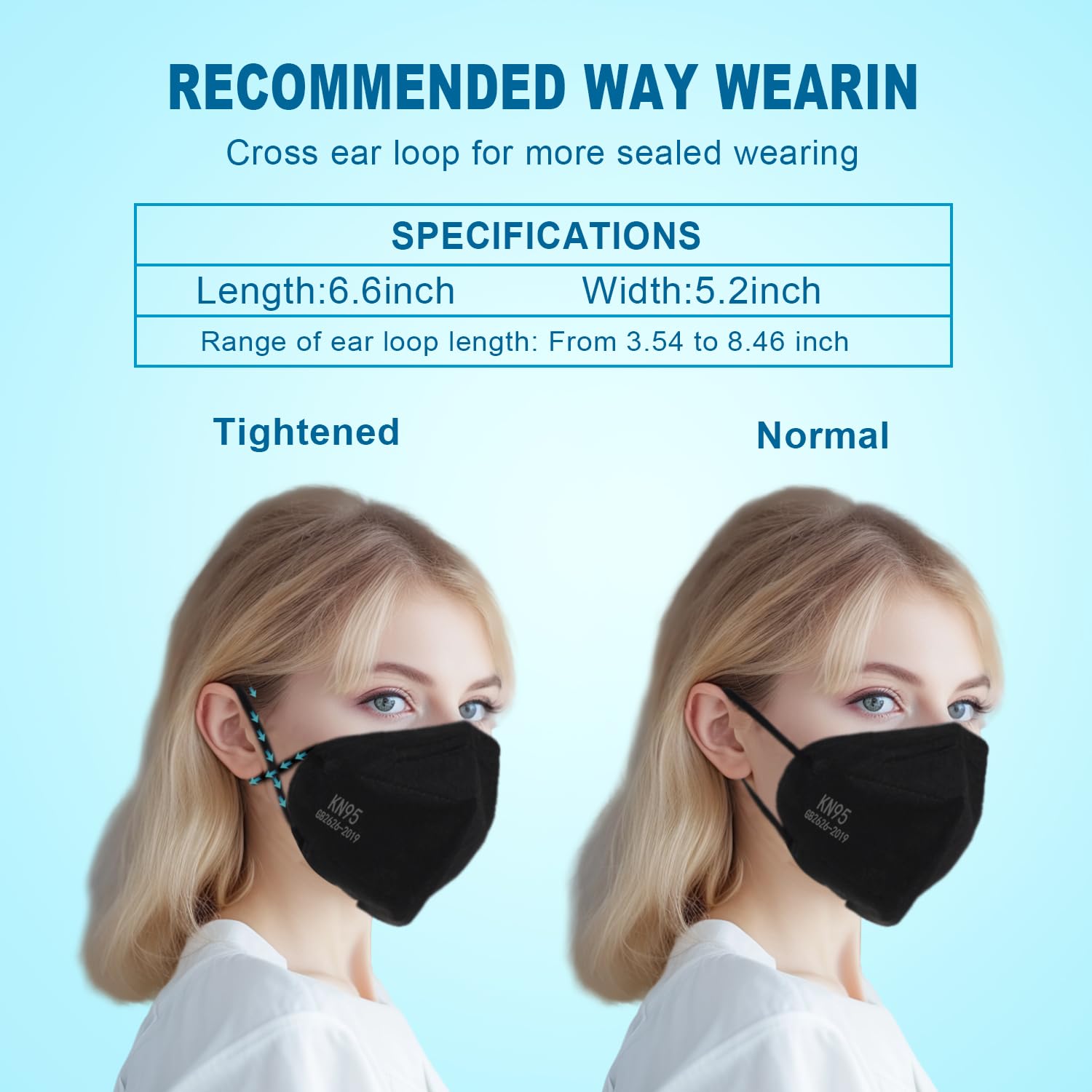 XIKII KN95 Face Mask Black, 50 Pack - 5-Layer Protective Masks, GB2626-2019 Certified, Comfortable Ear Loops, 98% High Filtration, Adjustable Nose Bridge, Non-Medical Respirators for Everyday Safety