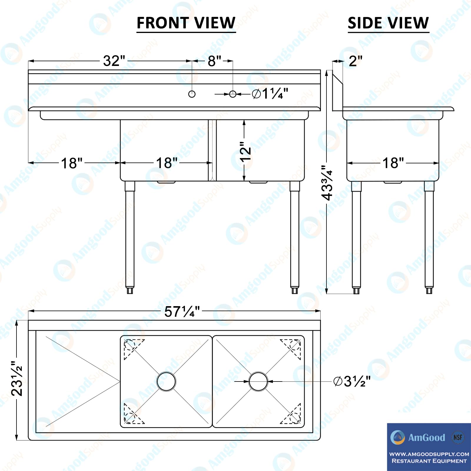 Two Compartment Stainless Steel Commercial Kitchen Prep & Utility Sink with Left Drainboard | Bowl Size 18" x 18" X 12" | NSF