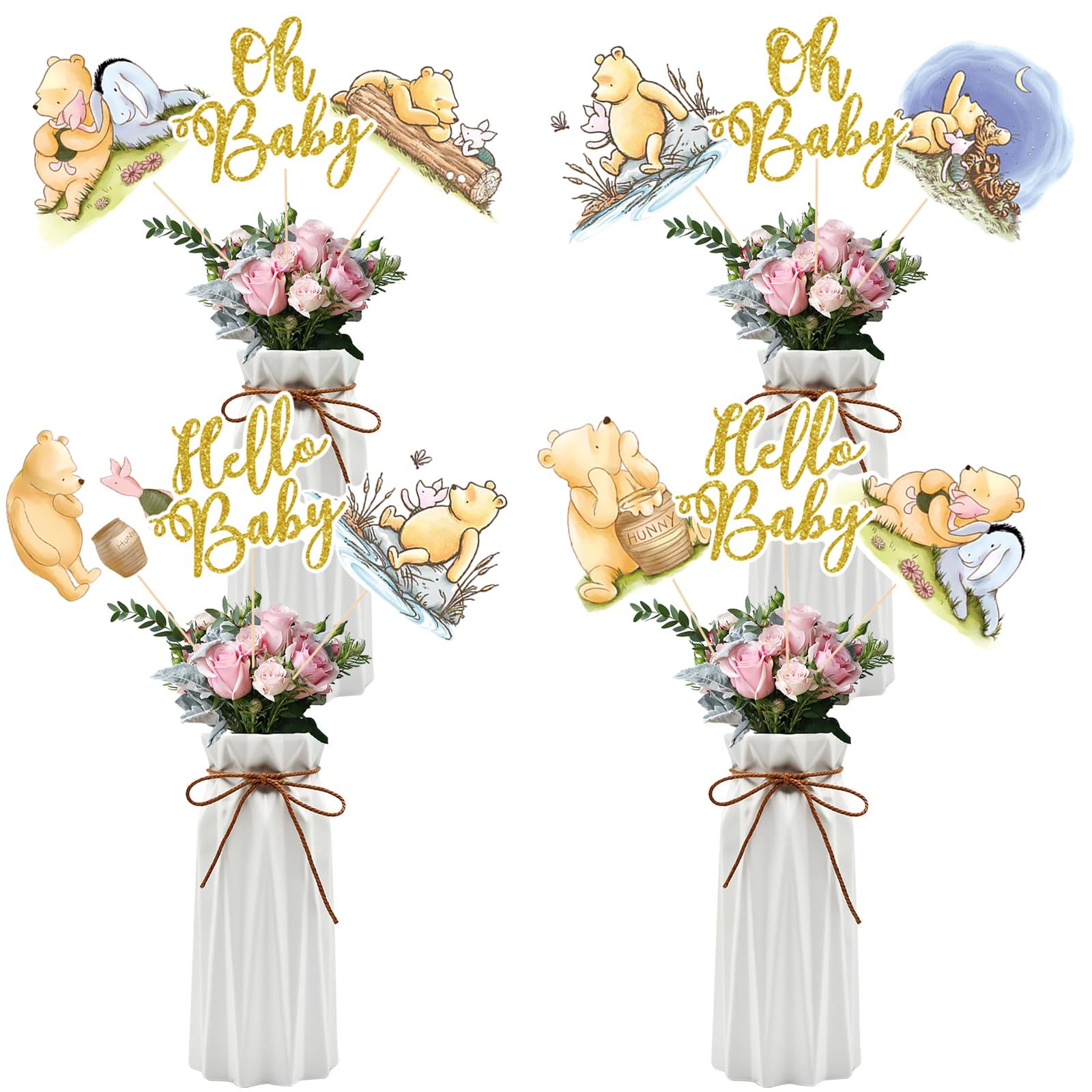 MEMOVAN 16pcs Classic The Pooh Centerpieces for Baby Shower Decorations Winnie Centerpieces Sticks Oh Baby Winnie Table Toppers for Winnie Birthday Party Supplies