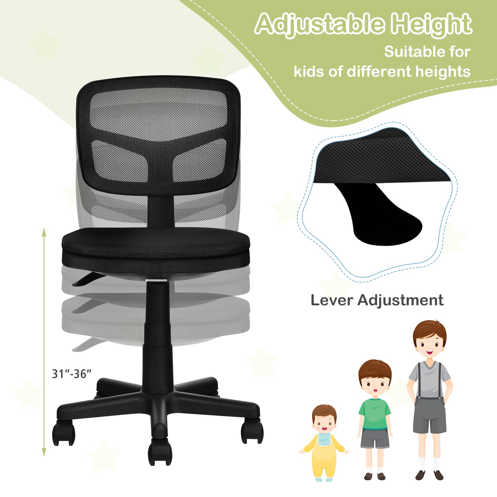 Giantex Kids Desk Chair, Low-Back Mesh Computer Chair Armless Ergonomic Office Chair with Adjustable Height, Y-Shaped Support for Teens Kids, 360° Swivel Task Chair for Home Office School (Black)