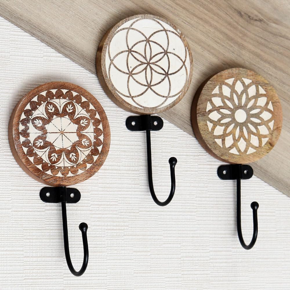 Indian Shelf 3 Piece Wood Boho Wall Hooks for Hanging Coats, Bags, Backpack Decorative Key Holder Unique Coat Rack Wall Mounted Natural Brown Key Hooks