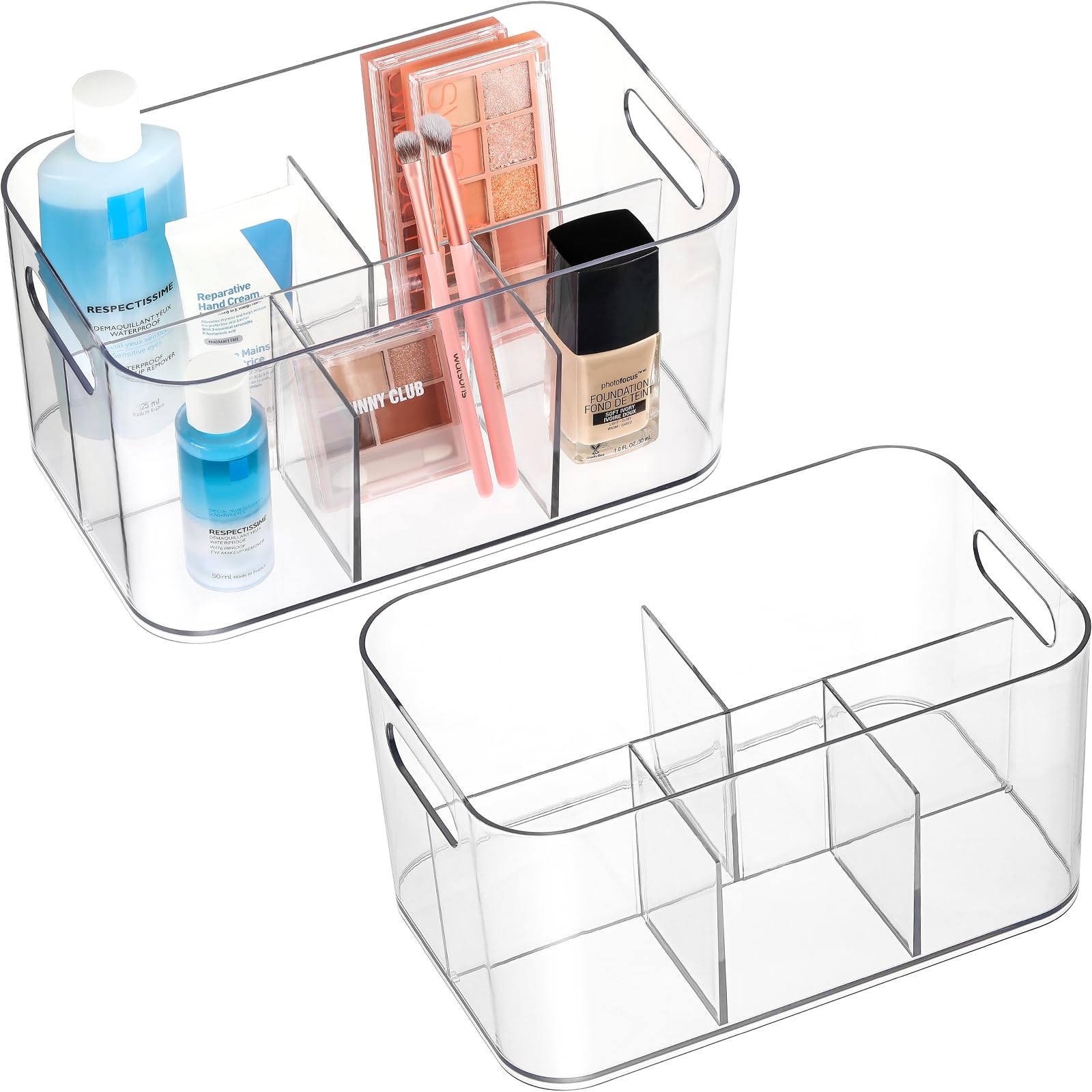 AOZITA 4 PACK Qtip Holder Dispenser + 1 Pack, 5-Compartment Clear Plastic Bin - Divided Cosmetic Makeup Caddy Organize