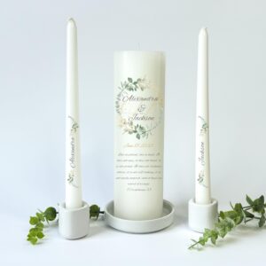 Unity Candles for Wedding, Unity Set, Custom and Personalized Pillar and Taper Candles with Bible Quote, Unscented White Premium Wax, Religious and Wedding Ceremony, Special Events (Zinnia)