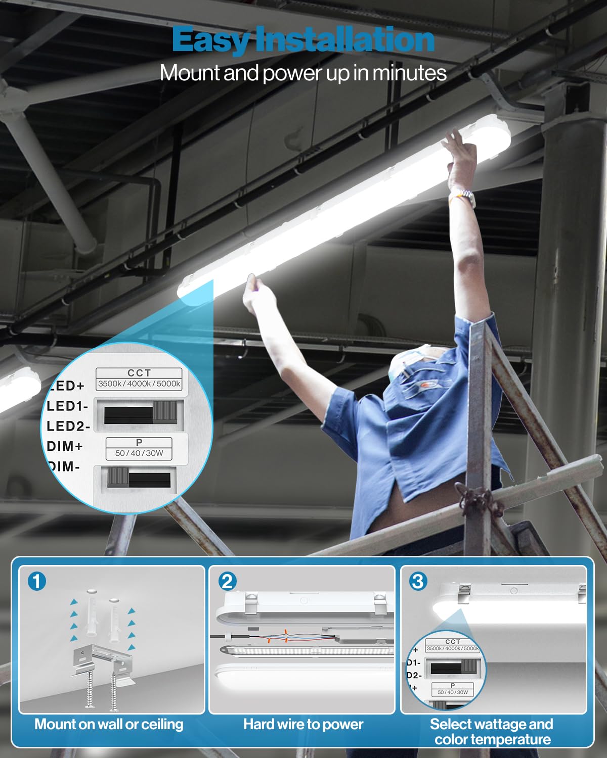 Sunco 4ft LED Vapor Tight Light Indoor Fixture Proof for Shop Light Garage, Car Wash, Workshop, Warehouse, 7000 Lumens, 3500K/4000K/5000K Selectable, 38W/46W/54W Selectable, Dimmable - ETL