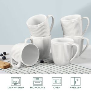 HomeElves Coffee Mugs Set of 6, 16 Oz White Coffee Mugs, Porcelain Mugs, Large and Easy to Grip Mug Sets, Embossed Coffee Cup Set for Coffee, White