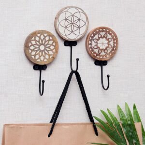 Indian Shelf 3 Piece Wood Boho Wall Hooks for Hanging Coats, Bags, Backpack Decorative Key Holder Unique Coat Rack Wall Mounted Natural Brown Key Hooks