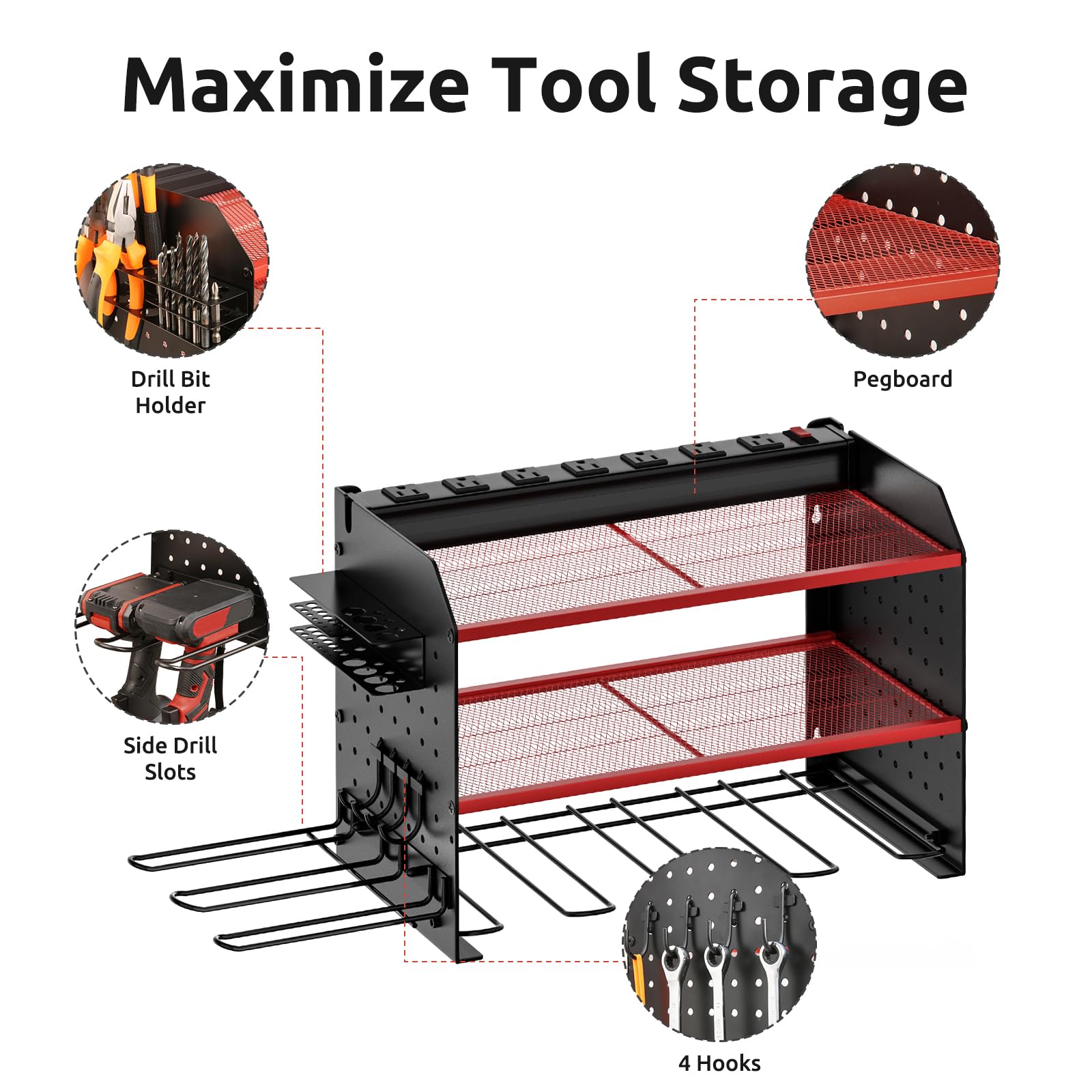 FUZVOL Power Tool Organizer Wall Mount With Power Strip 8-outlet Surge Protector, Heavy Duty Garage Storage Shelves Rack With Drill Bit Holder, Cordless Power Tool Holder With Charging Station，Red