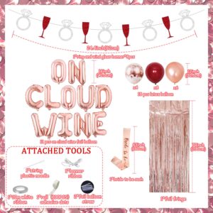 Bride On Cloud Wine Bachelorette Party Decoration, Wedding Bridal Shower Decorations with Wine Bottle Ring Garland, On Cloud Wine Foil Balloon Banner and Latex, Bride To Be Sash and Foil Curtain