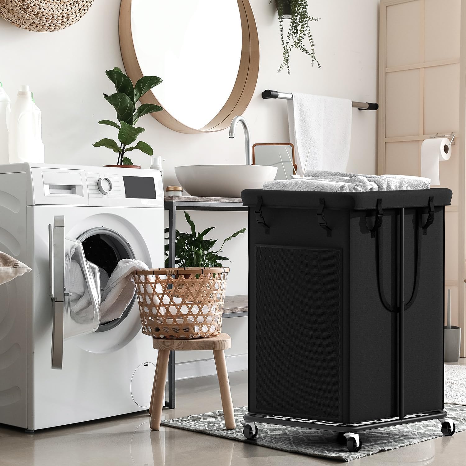 YKDIRECT 150L Large Laundry Hampers, Oxford Fabric Laundry Hampers Clothes Hampers, Metal Frame and Removable Bag Design with Wheels, Suitable for Bedroom, Bathroom, Dorm Room, Laundry Room (Black)