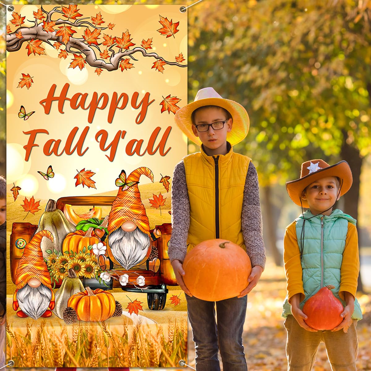 Fall Decorations - Happy Fall Y'all Door Cover Fall Thanksgiving Door Banner Thanksgiving Dwarf Pumpkin Banner Photo Background for Happy Fall Y'all Harvest Party Supplies,Autumn Decorations