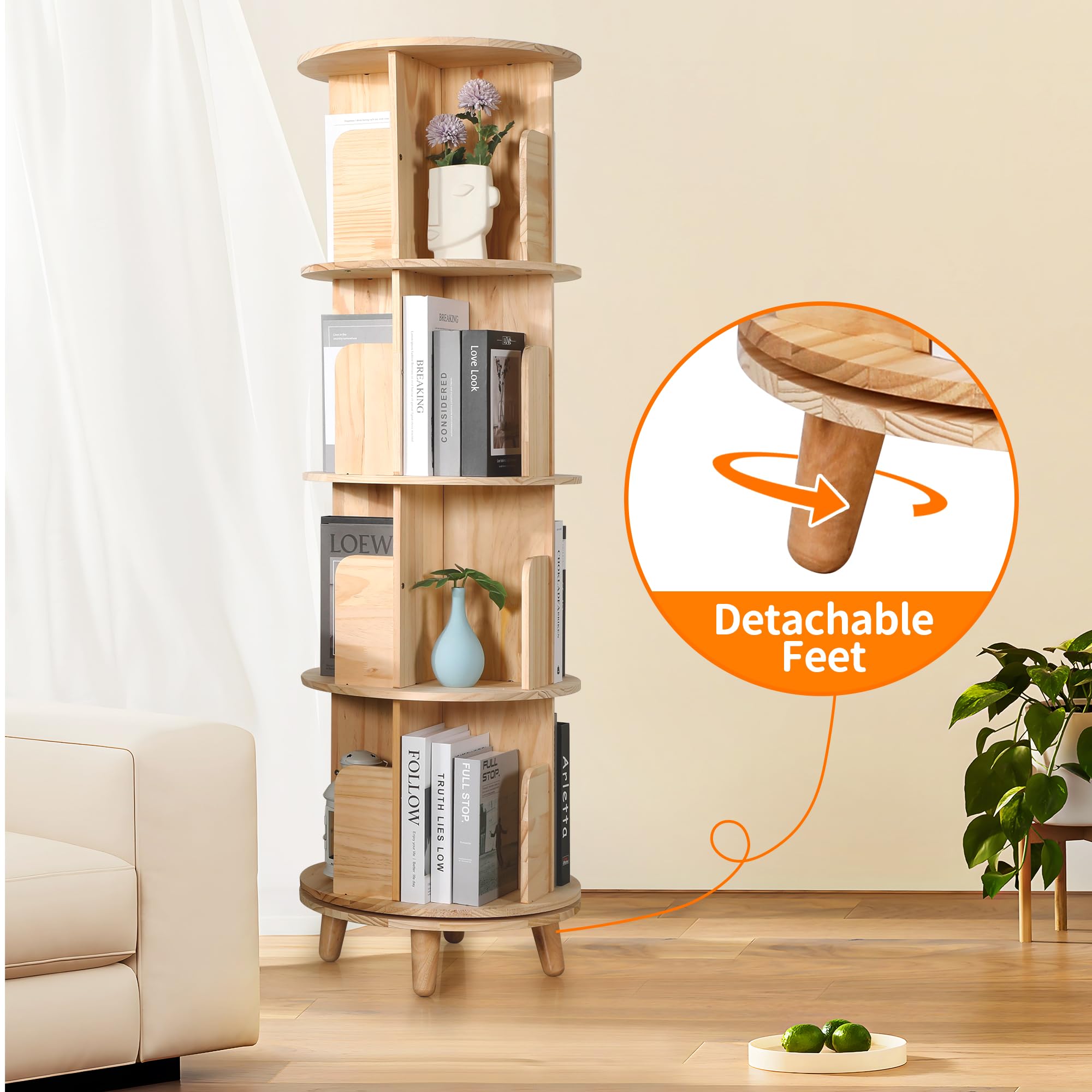 Rengue Rotating Bookshelf Tower, 4 Tiers Floor Standing Bookcase Storage Rack, 360 Display Round Spinning Bookshelf with Detachable Feet for Small Space, Bedroom, Living Room, Office