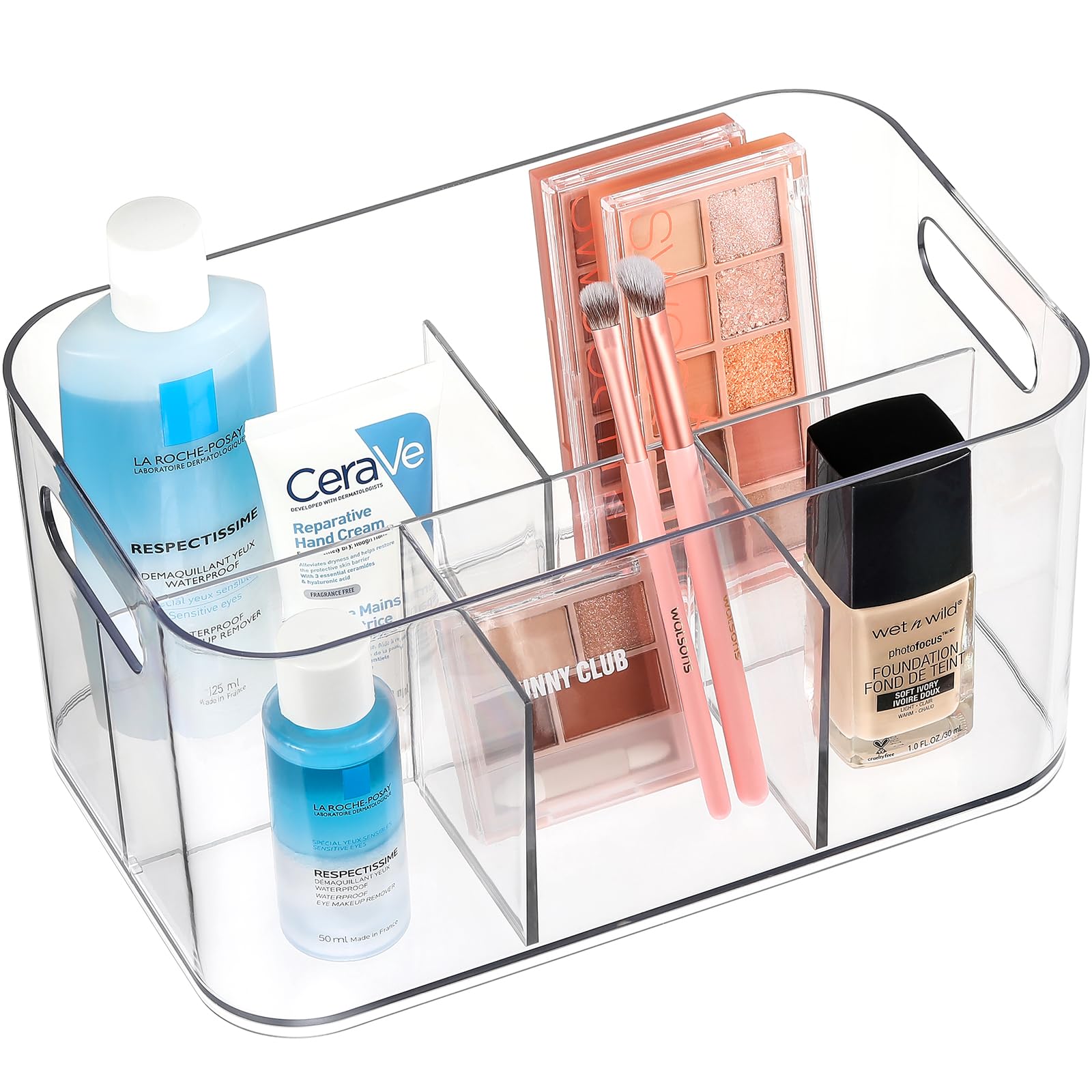 AOZITA 4 PACK Qtip Holder Dispenser + 1 Pack, 5-Compartment Clear Plastic Bin - Divided Cosmetic Makeup Caddy Organize