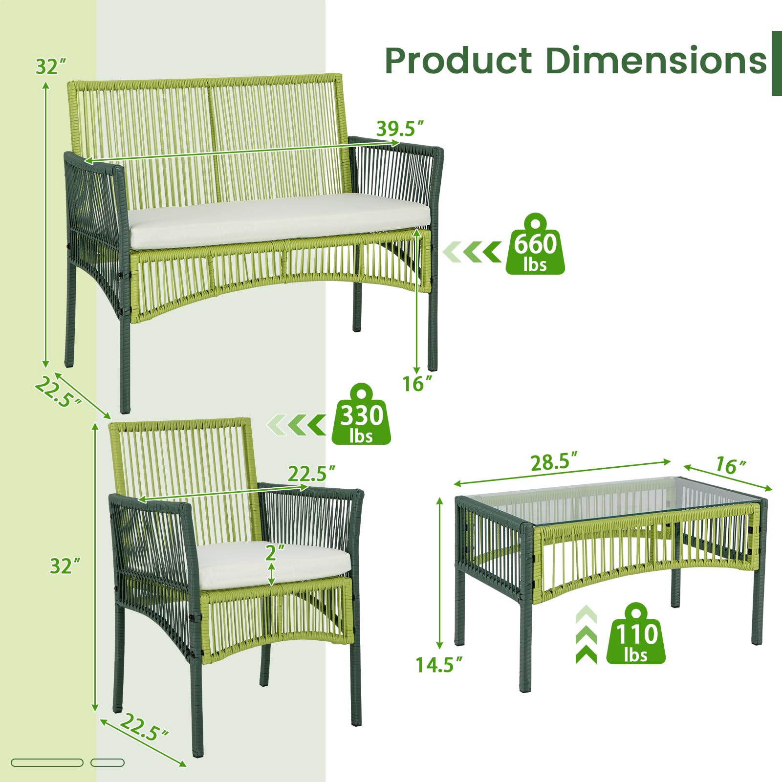 Tangkula 4 Pieces Outdoor Rattan Chair Set, Patiojoy Patio Wicker Conversation Set W/Soft Cushions, Tempered Glass Tabletop, Solid Metal Frame, for Backyard, Poolside, Balcony