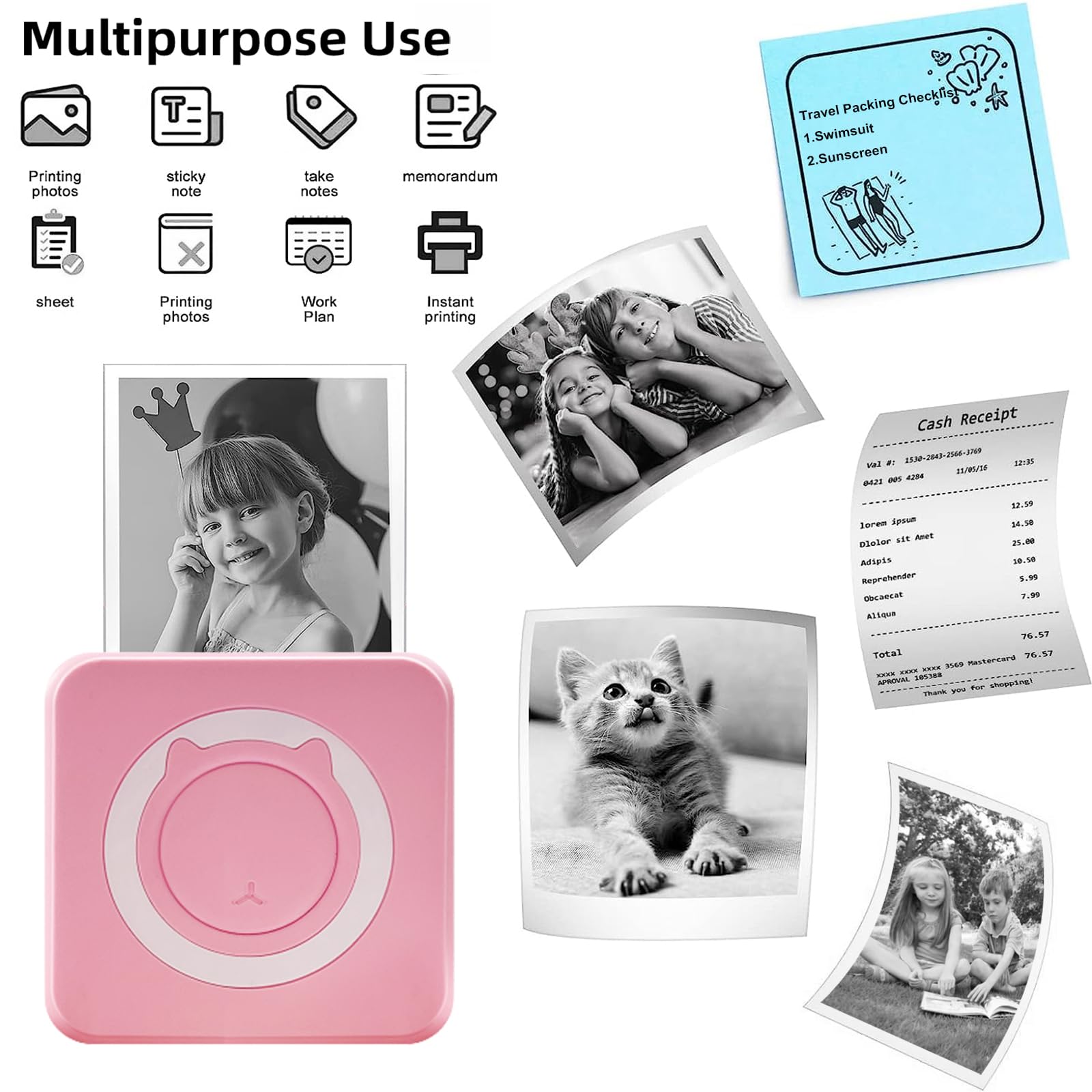 Fernuenx Portable Wireless Printer Mini Pocket Bluetooth Thermal Printers with 5 Rolls Printing Paper Compatible with Android iOS iPhone for Label Receipt Photo Notes and Memos (Pink)