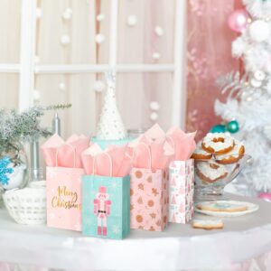 Zhanmai 24 Pcs Pink Christmas Gift Bags with Tissue Paper Gingerbread Gift Bags Nutcracker Wrapping Bags with Handles for Xmas Holiday Winter Baby Shower Birthday Favor Gift Wrapping, 8 x 6 x 3 Inch