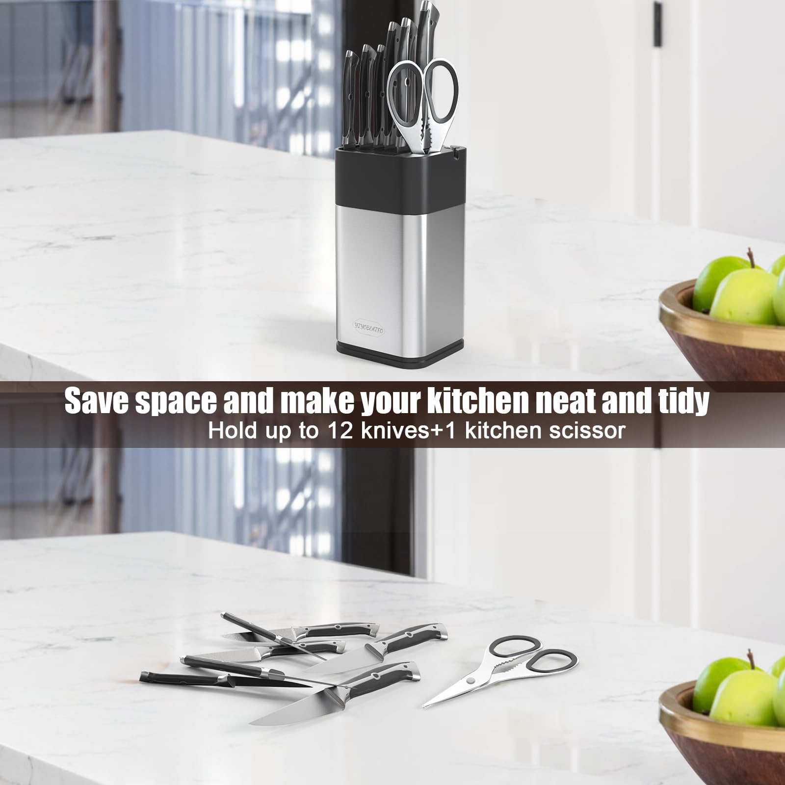 YIYOBEATFO Knife Block Holder,Universal Knife Block Without Knives, Space Saving Knife Storage and Protect Blades, Unique Modern Design with Knife Sharpener and Scissor Slot.