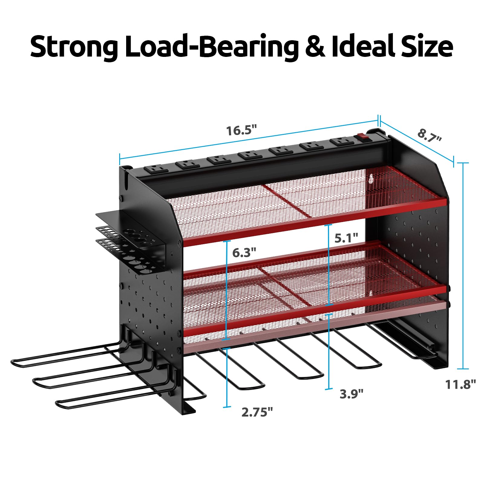 FUZVOL Power Tool Organizer Wall Mount With Power Strip 8-outlet Surge Protector, Heavy Duty Garage Storage Shelves Rack With Drill Bit Holder, Cordless Power Tool Holder With Charging Station，Red