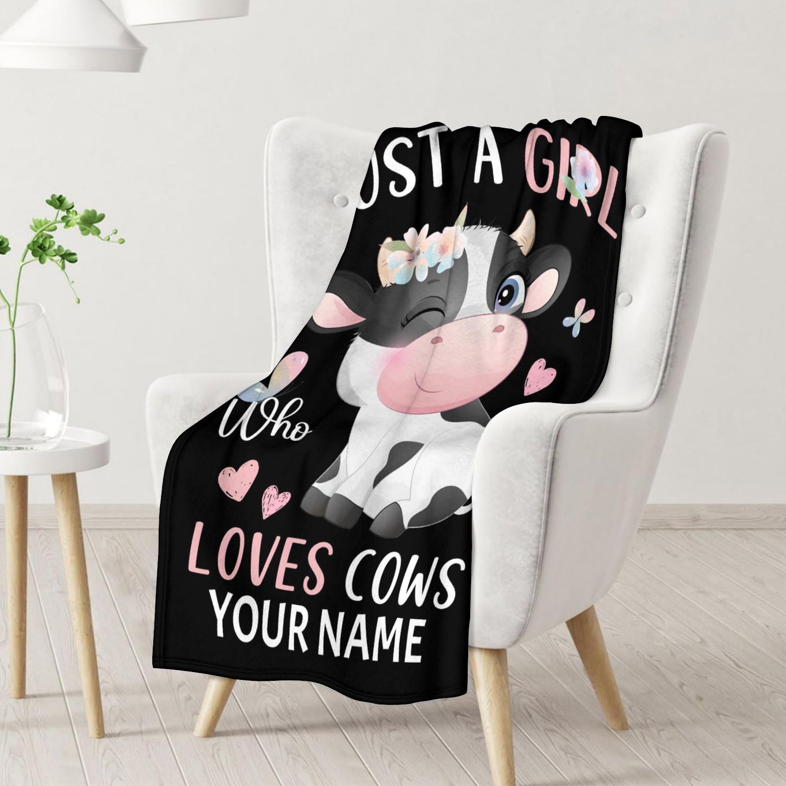 Custom Cow Blanket with Name for Kids, Aldults - Soft, Fuzzy & Cozy - 50"x60" Throw Size Blankets for Sofa, Work - Black Cute Warm Throw Blankets Gifts