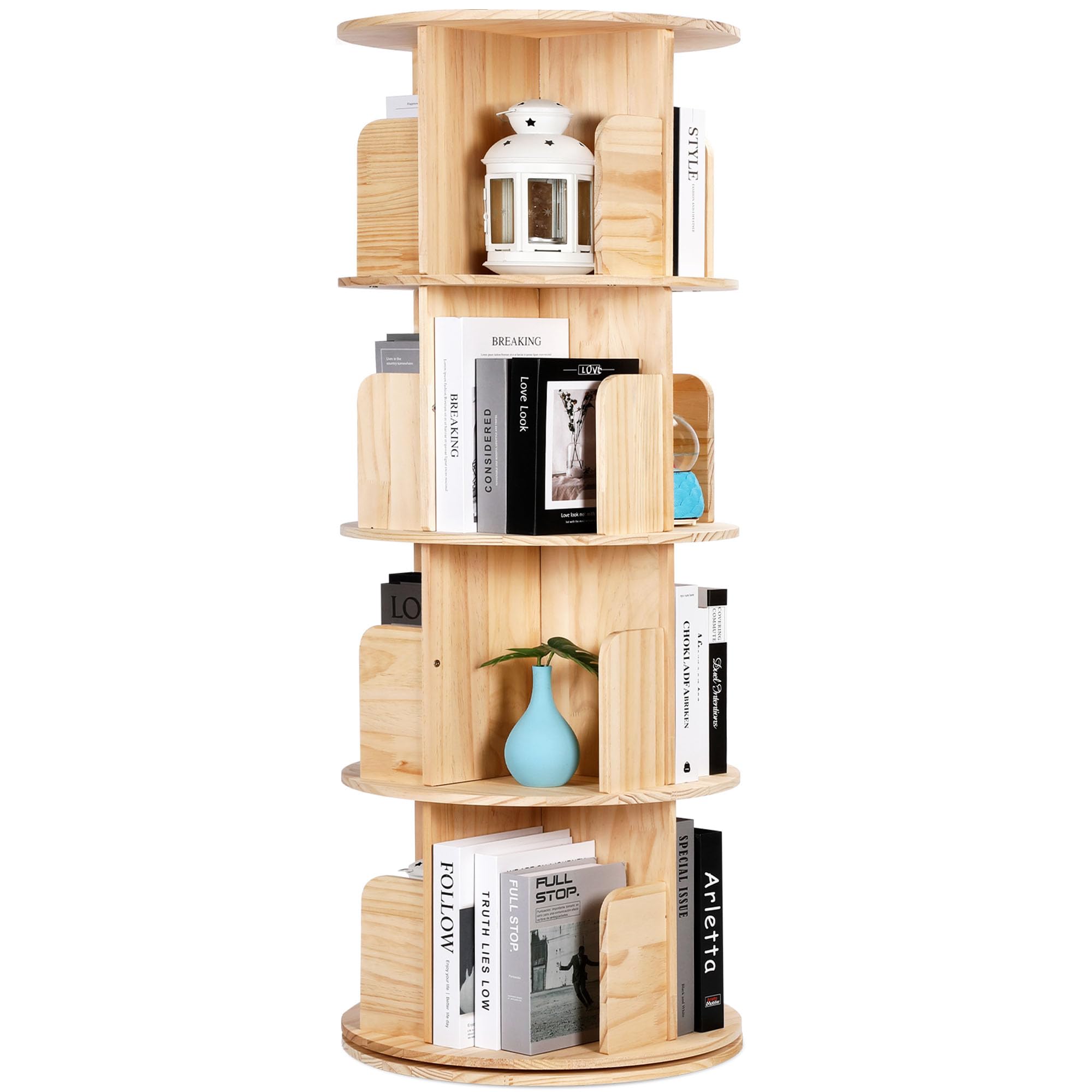 Rengue Rotating Bookshelf Tower, 4 Tiers Floor Standing Bookcase Storage Rack, 360 Display Round Spinning Bookshelf with Detachable Feet for Small Space, Bedroom, Living Room, Office