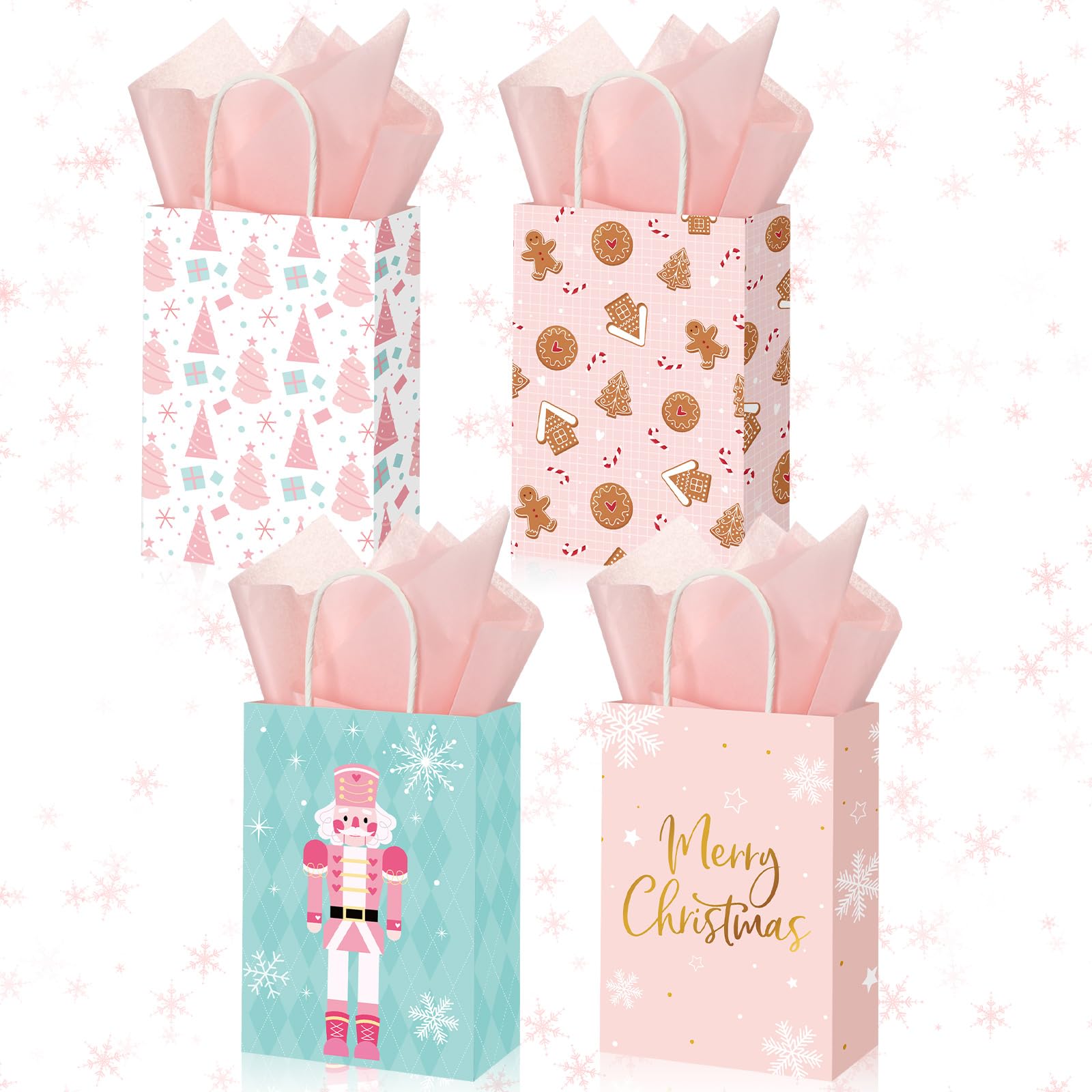 Zhanmai 24 Pcs Pink Christmas Gift Bags with Tissue Paper Gingerbread Gift Bags Nutcracker Wrapping Bags with Handles for Xmas Holiday Winter Baby Shower Birthday Favor Gift Wrapping, 8 x 6 x 3 Inch