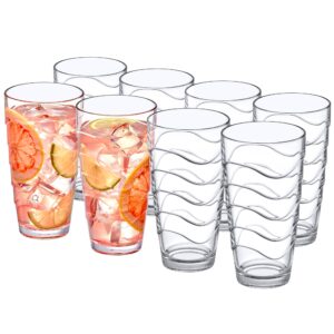 amazing abby - wavely - 20-ounce plastic tumblers (set of 8), plastic drinking glasses, all-clear reusable plastic cups, stackable, bpa-free, shatter-proof, dishwasher-safe