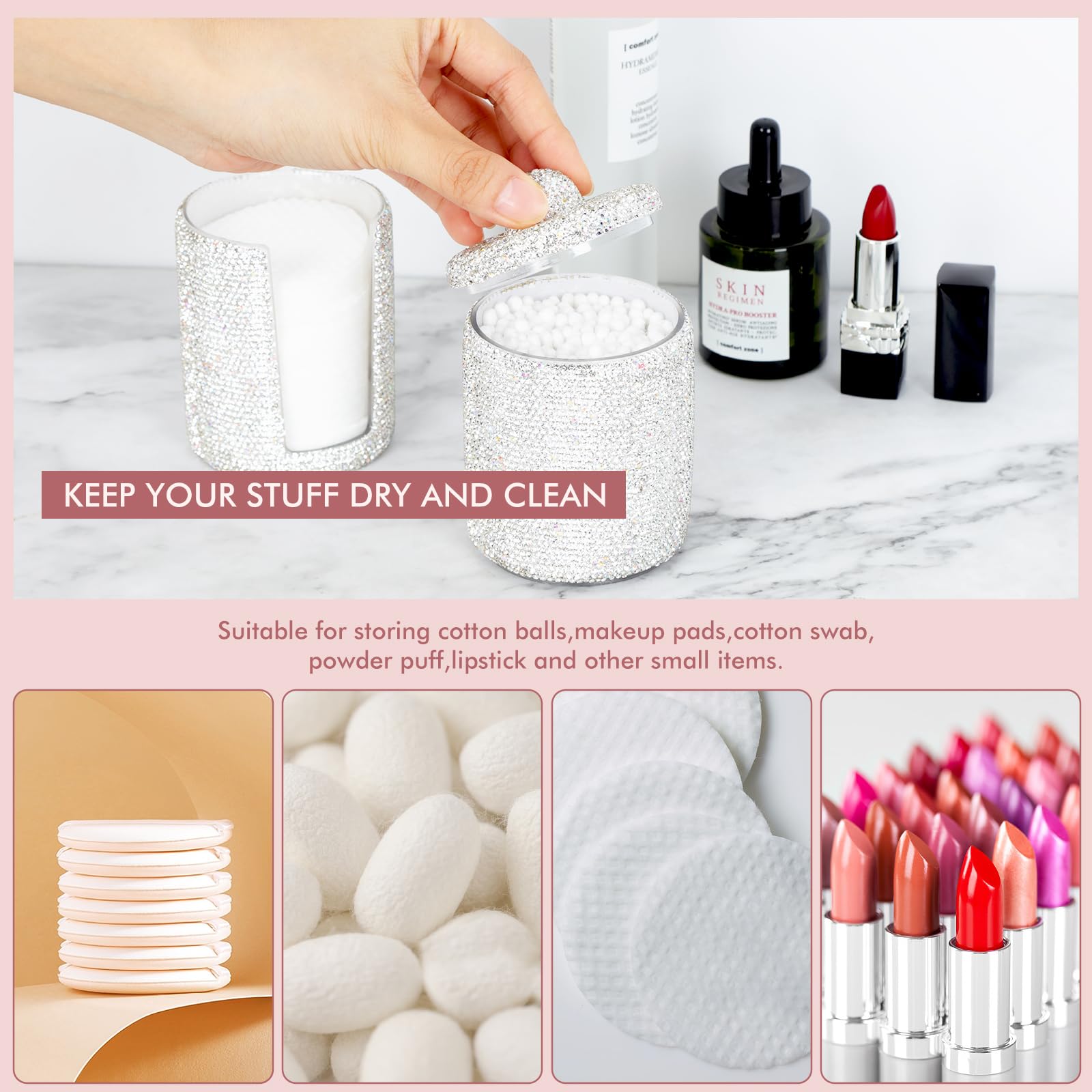 KEYPOWER Bling Rhinestone Cotton Ball Pad Swabs Make Up Pads Dispenser Holder Acrylic Jar with Lid Multi-function Organizer Container (White)