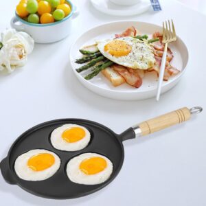 Linkidea Cast Iron 3-Cup Egg Frying Pan, Suitable for Gas Stove & Induction Cooker, Egg Skillet for Breakfast, Long Lasting, Easy Flipping, Healthy Uncoated Egg Cooker with Wooden Handle