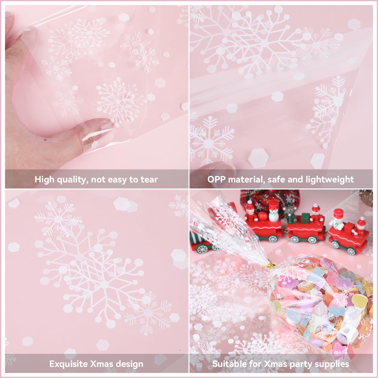 FOPINOA Snowflake Cellophane Bags, 120PCS Clear Christmas Treat Bags Snowflake Goodie Bags with 150 Twist Ties for Christmas Party Supplies