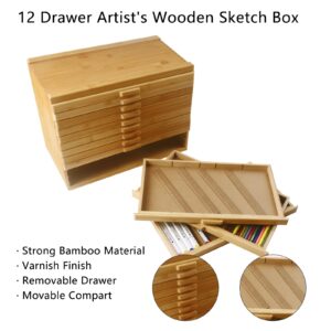 Vencer 12-Drawer Bamboo Artist Supply Storage Box - Effortlessly Organize and Store Pencils,Pens,Pastels,Markers,Brushes,and Tools with Adjustable Compartments and Generous Capacity,VAO-020