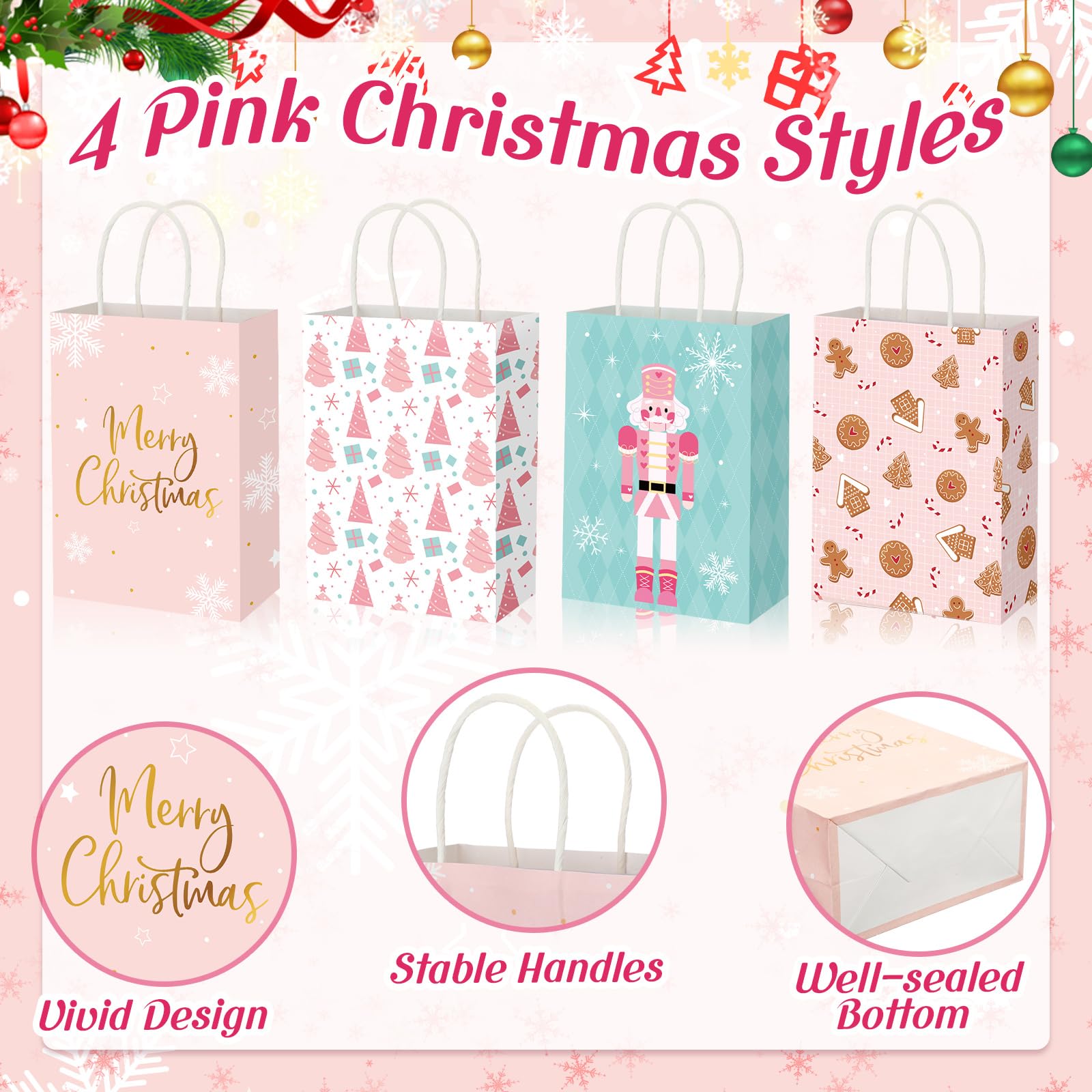 Zhanmai 24 Pcs Pink Christmas Gift Bags with Tissue Paper Gingerbread Gift Bags Nutcracker Wrapping Bags with Handles for Xmas Holiday Winter Baby Shower Birthday Favor Gift Wrapping, 8 x 6 x 3 Inch