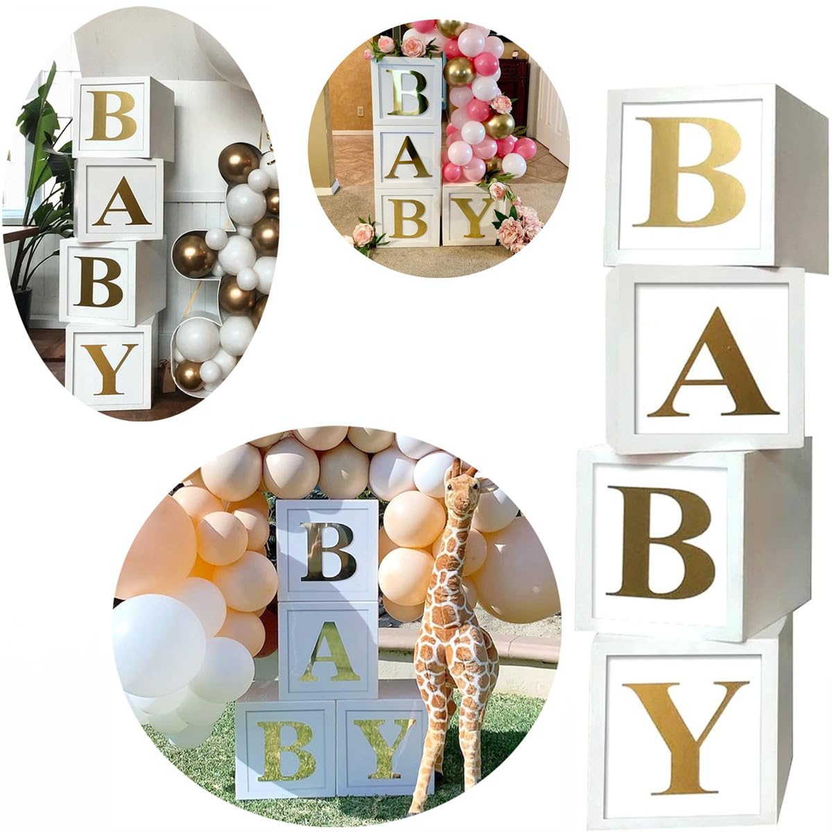 Baby Shower Decoration 11.8inch Balloon Box, DIY 4pcs White Baby Boxes with 30 Letters, Centerpieces Party Favors for Baby Girl Boy Birthday Gender Reveal Backdrop (White Box With Golden Letters)