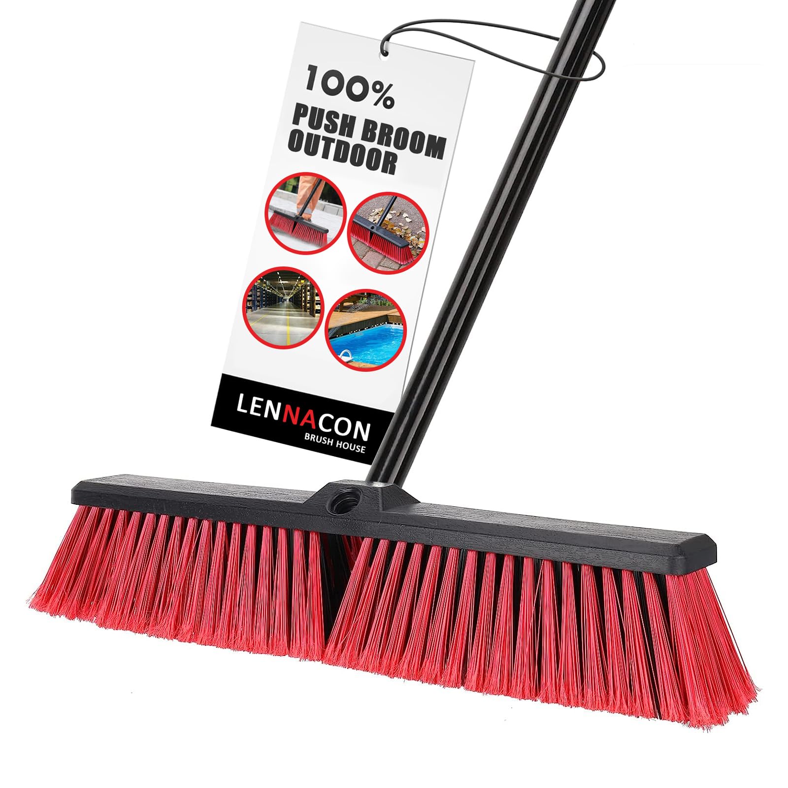 18" Push Broom Outdoor Heavy Duty, Snow Broom with Long Handle, Shop Broom Garage Push Broom for Garden, Patio, Garage, Bathroom, Kitchen, Tub, Carpet, Tile, Deck, Concrete, Industrial (RED)