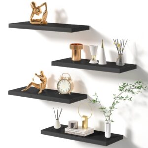 voggv black floating shelves for wall, wall mounted shelves with invisible brackets, wall shelves for bathroom, bedroom, office, living room, kitchen, shelves for wall decor storage, set of 4