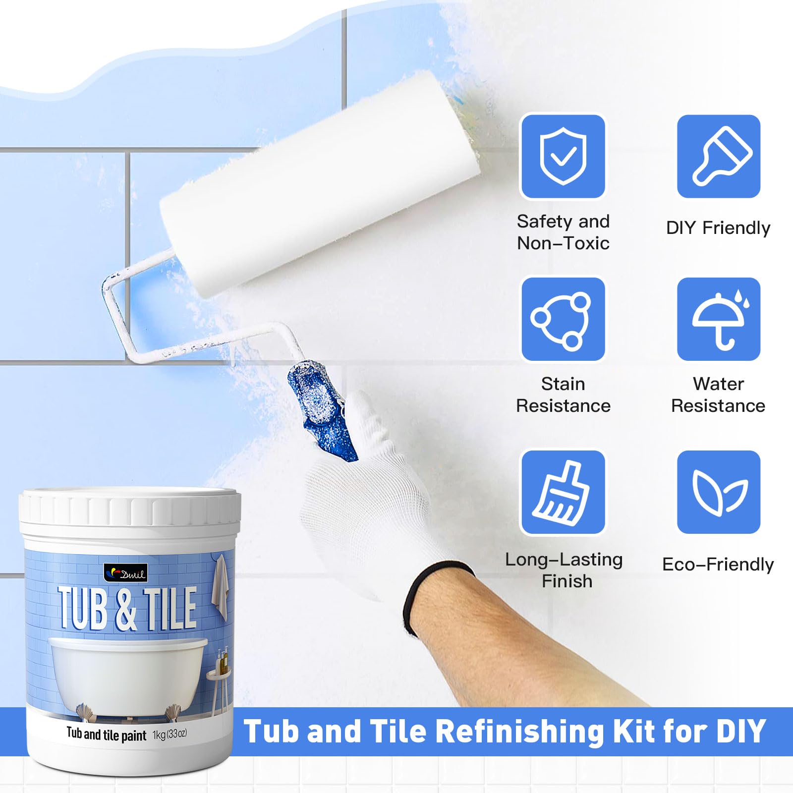 Tub and Tile Paint, Tub and Tile Refinishing Kit with Hardener, Tile Paint and Tub Refinishing Kit Bathtub Paint Water Based &Low Odor, Sink Paint for Bathroom Kitchen, Semi-Gloss White, 25-30sq.ft