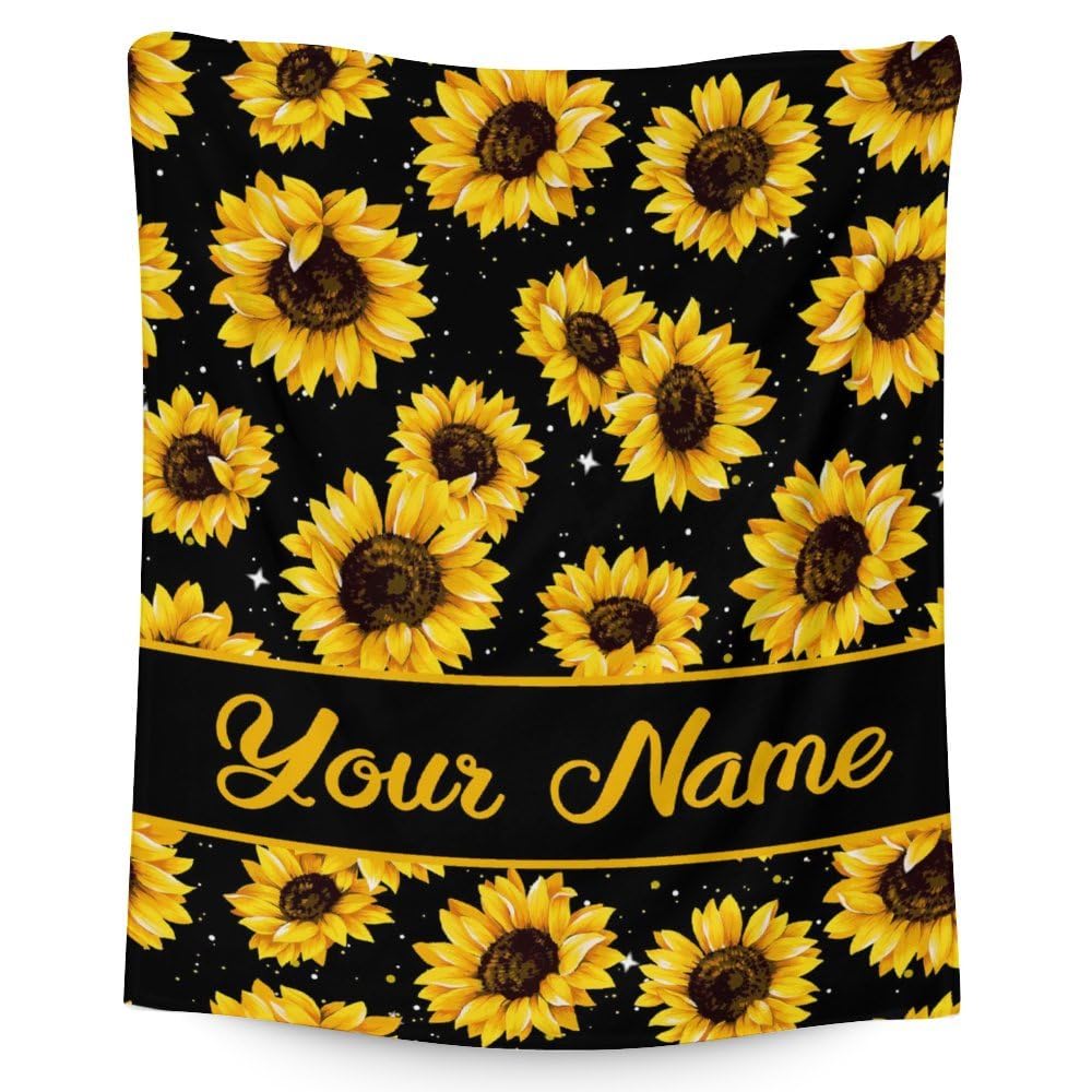 Personalized Sunflower Blanket with Name - Soft, Fuzzy & Warm - 40x30 Inches Small Blanket for Office, Chair - Yellow Cute Throw Blanket Gifts for Girls