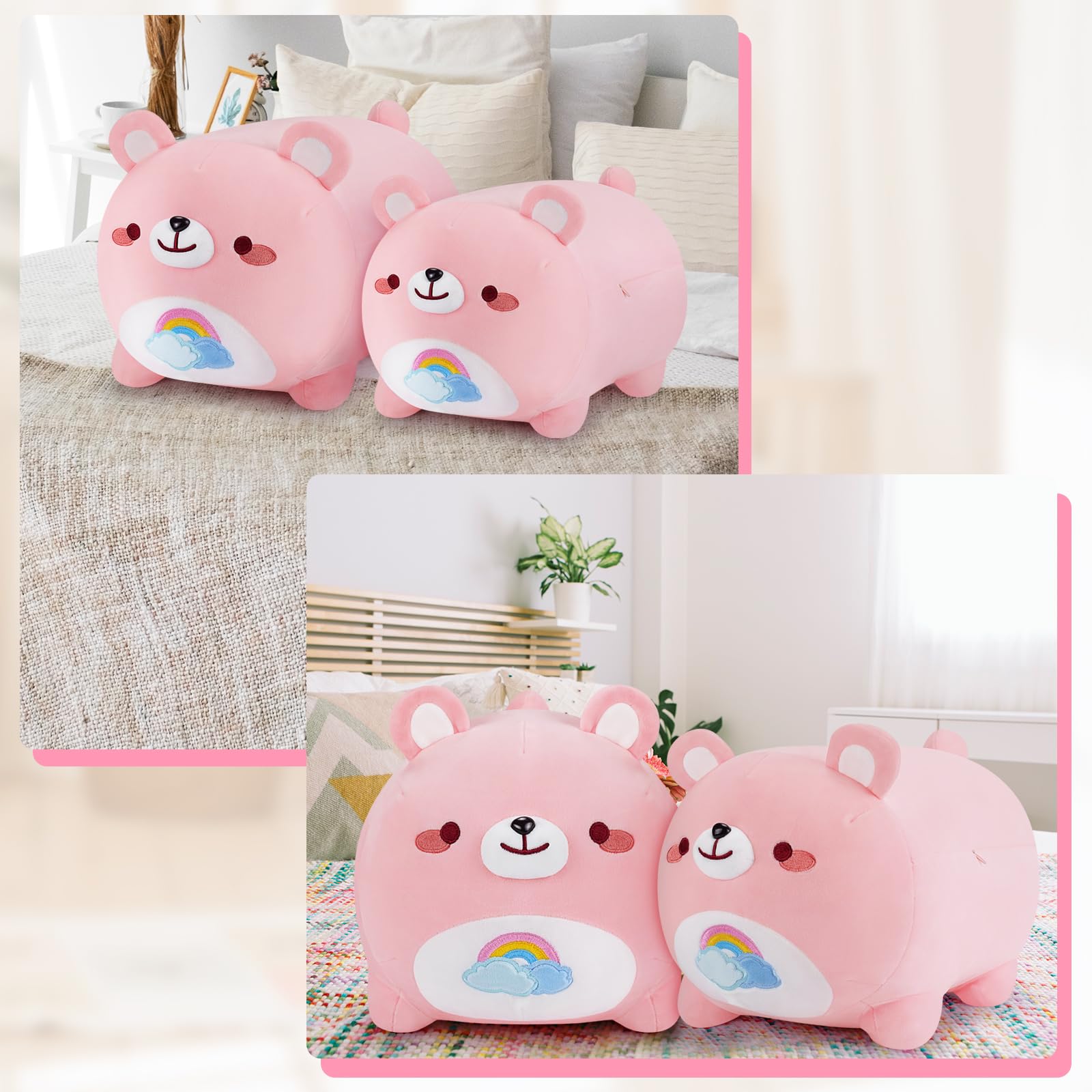 Auspicious beginning Pink Bear Plush Pillows-16'' Bear Plush Rainbow Bear Plushie, Cute Bear Anime Plush Stuffed Animals, Panda Plushies, Gifts for Girlfriend, Gifts Birthday Gifts for Kid