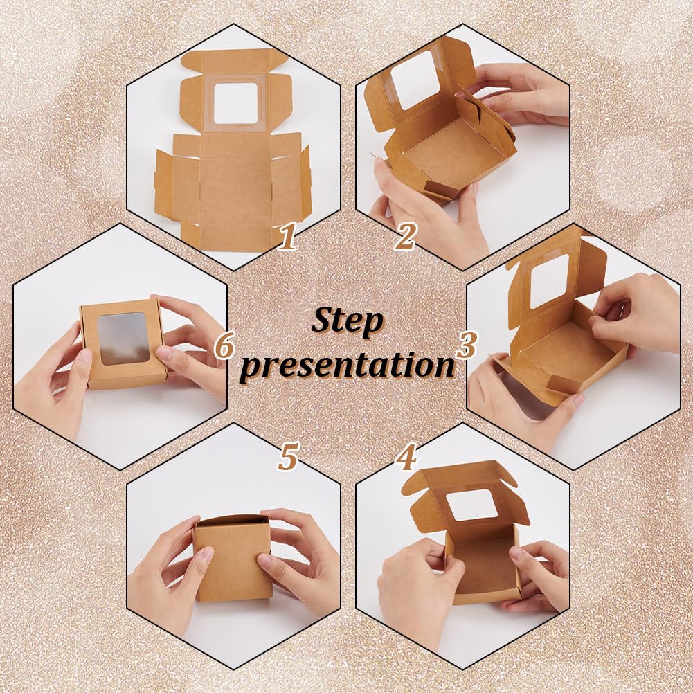 BENECREAT 36 Packs 3x3x1.2 Inch Brown Kraft Paper Box with Clear Windows Foldable Paper Gift Box Goodies Candy Box Dessert Box for Party Wedding Bakery Packaging