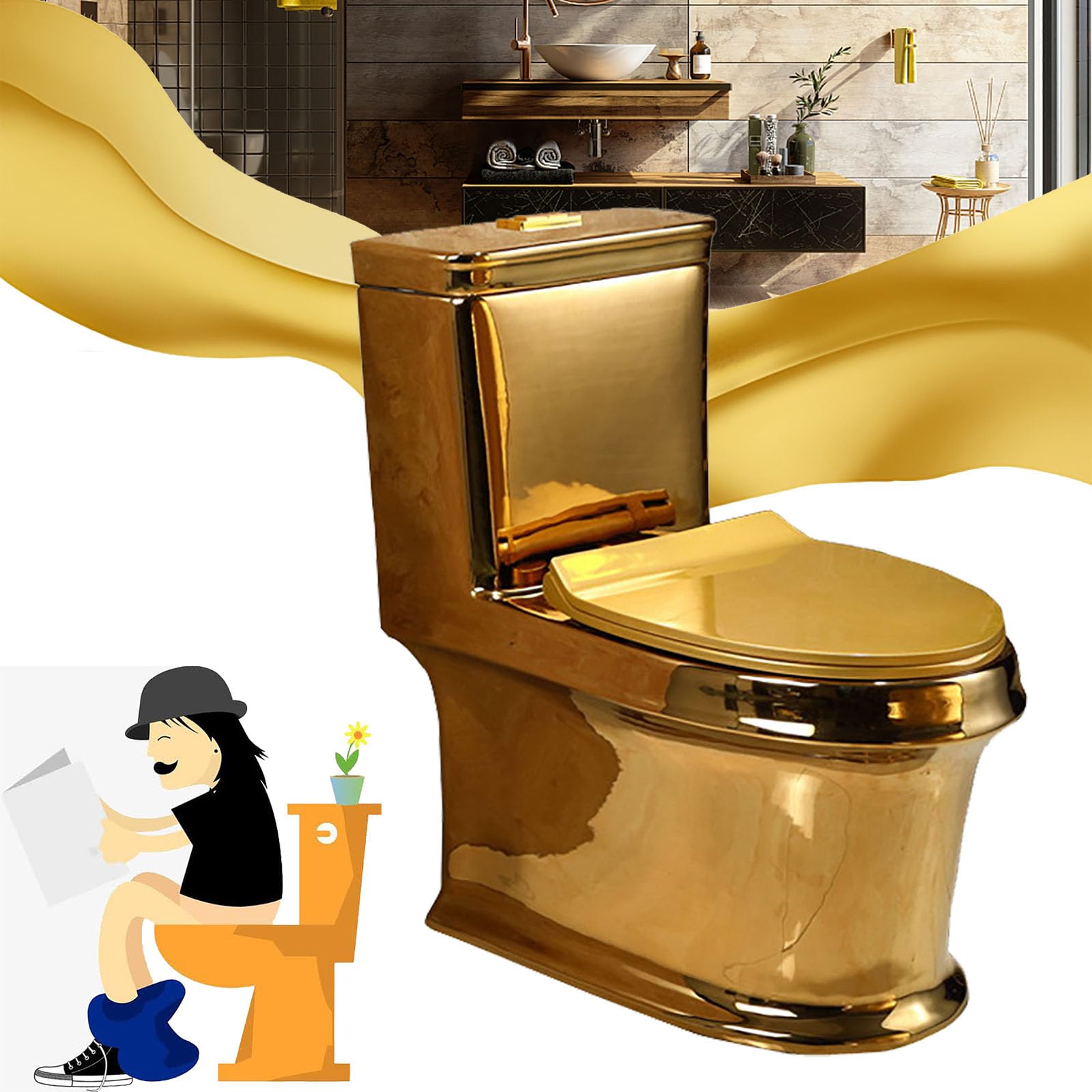 Modern Bidet Toilet One Piece Toilet, Bidet Golden Toilet Quiet Super Whirlpool, Household Creative Ceramic Toilet Gold Toilet for Hotel/Bathroom 70x60x38cm/27.6x23.6x15in A