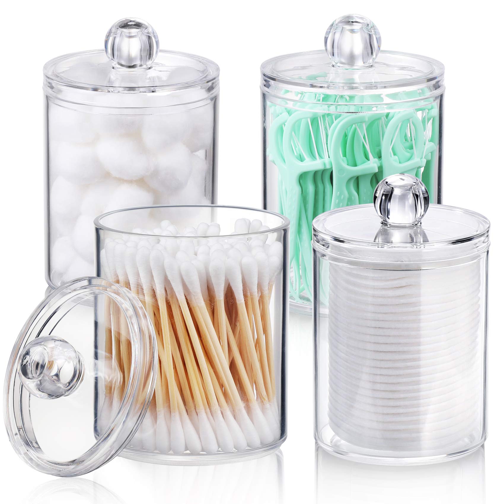 AOZITA 4 PACK Qtip Holder Dispenser + 1 Pack, 5-Compartment Clear Plastic Bin - Divided Cosmetic Makeup Caddy Organize