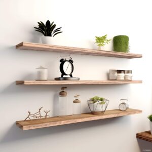 PHPH 36 Inch Wood Floating Shelves for Wall, Wooden Wall Shelves for Bedroom, Set of 4 Light Brown