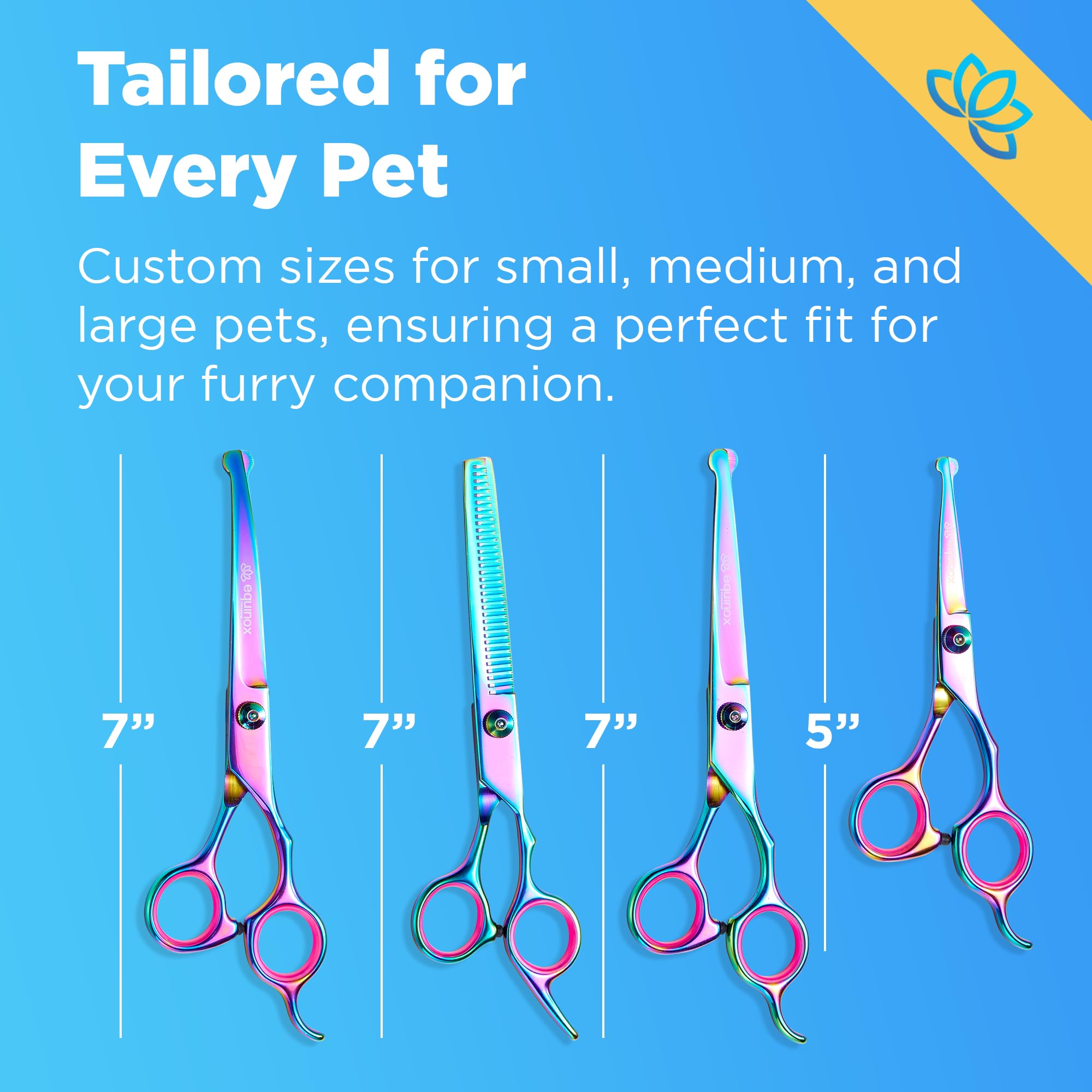 Equinox Dog Grooming Scissors & Deshedder - 7 in 1 Pet Grooming Scissors Set with undercoat brush - Curved Dog Scissors with safety tips - Includes Thinning & Rounded Shears - For dogs & cats